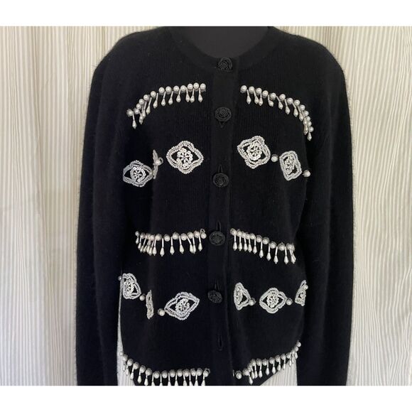 VTG Womens Black Beaded Cardigan Sweater L Pearl Embellished Elegant Statement - Picture 4 of 5